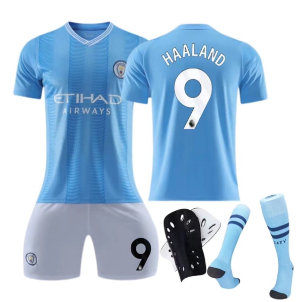 23-24 Manchester City hemmatröja nr 9 Haaland barn- och vuxensportsfotbollströja No. 47 socks + protective gear 20