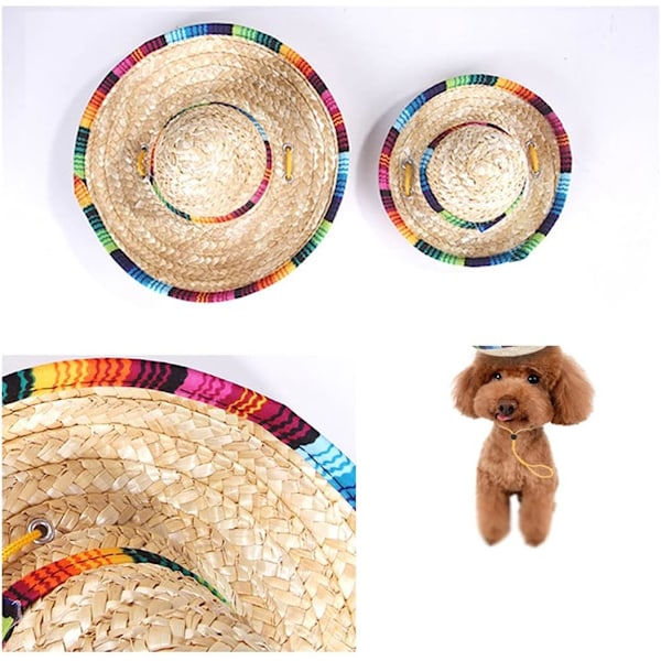 Håndlavet halmhat til kæledyr med farverig kant justerbar hagerem dejlig solhat sjov mexicansk fest kostume fest foto rekvisitter