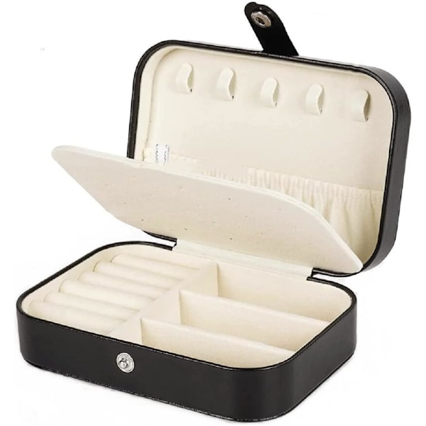 Smykkeboks liten arrangør, Premium Faux Leather Dobbelt lag Smykkeboks Arrangør for ringer øredobber Halskjede Armbånd Black