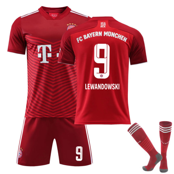 Bayern München Hjemmedrakt 21-22 Rød Nr. 9 Lewandowski Sett Nr. 25 Müller Nr. 10 Sane Fotballdrakt Bayern home number 9, with socks 28#