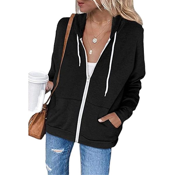 Dame Zipper Hættetrøje Sweat Jakke Langærmet Frakke Casual Toppe Sort Black S