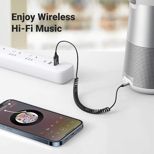 Bluetooth 5.3-adapter for bilens AUX-inngang - Mottaker med innebygd mikrofon for håndfri samtaler, kompatibel med bilhøyttalere og hjemmelyd