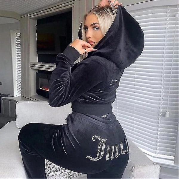 Dam Sammet Juicy Träningsoverall Couture Träningsoverall Tvådelad Set Couture Sweatshirt Svart