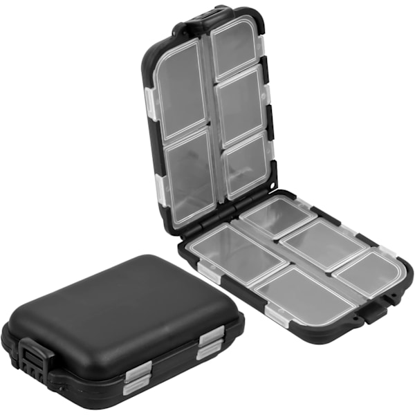 2 Pack Fishing Bait Box, 10 Compartments Waterproof Fishing Tackle Box, Bait Plastic Storage Box for Small Fishing Accessories, Black