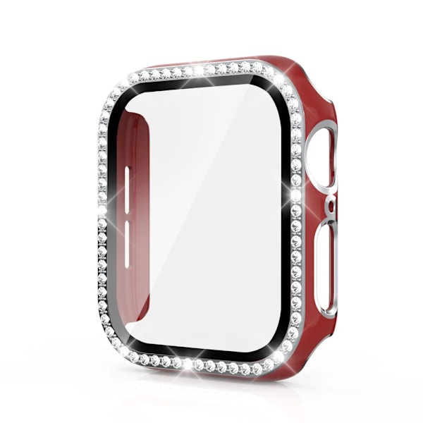 Bling Glass+ deksel for Apple Watch Case 45mm 41mm 40mm 44mm 42mm 38mm Diamant støtfanger+skjermbeskytter iwatch serie 7 9 8 5 6 SE Rød sølv A red silver 45mm Series 7 8 9