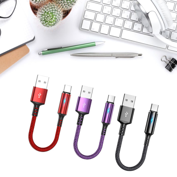 Kompakt USB-C till USB-A Laddnings- och Datakabel 2.4A Laddsladd Tråd 25cm Kort Sladd, Material av Nylon och Aluminiumlegering Black 0.03