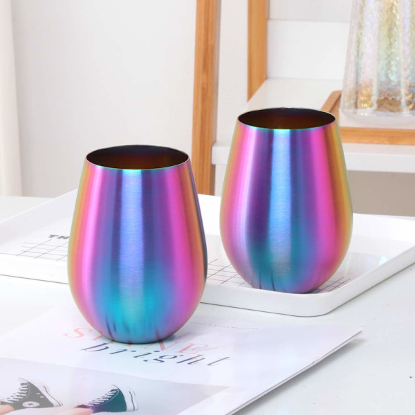 Vinglas i rustfrit stål, 2 stk., brudsikkert og let, uden stilk, drikkeglas i metal (regnbue) Rainbow