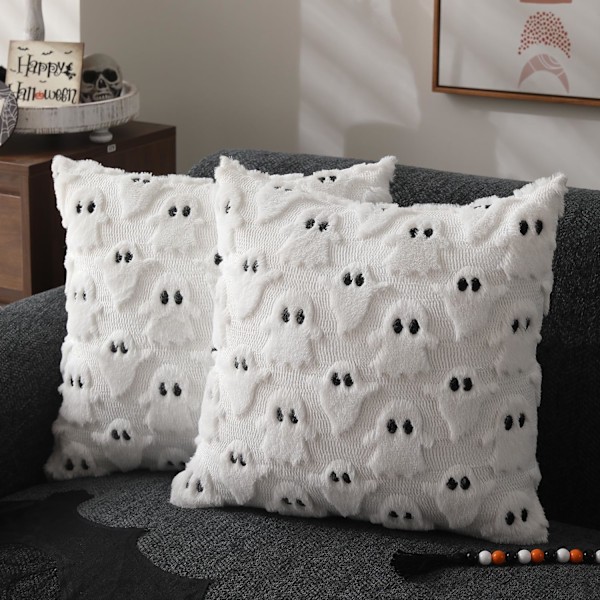 Halloween Pudebetræk 18x18 tommer Sæt af 2 Hvid Spøgelse Pudebetræk Blød Plys Kunstig Pels Uld Sofa Stue Soveværelse Hjem Decor