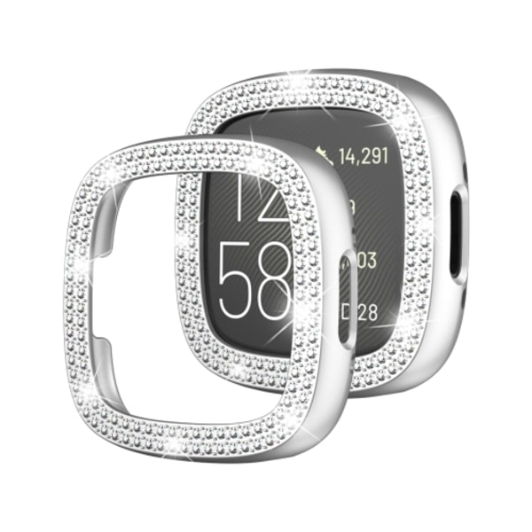 For Fitbit Versa 4 kaksoisrivinen timantti yksivärinen galvanoitu kotelo kello Silver