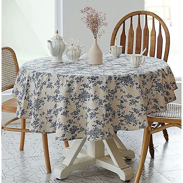 Blommig rund bordsduk i lantlig stil, blå, dammtät, skrynkelfri, linneduk, matsal, picknick, köksbord, dekoration (1 st blå