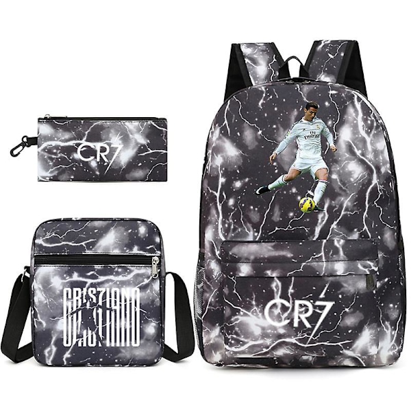 Jalkapallotähti C Ronaldo Cr7 -reppu, jossa on painatus opiskelijan kolmiosaisen repun ympärillä. Musta ukkonen salama 2 Black thunder lightning 2 three piece suit