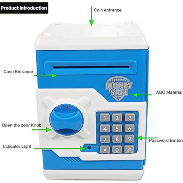Elektronisk spargris (blå) med automatisk penningrulle, ATM Mini