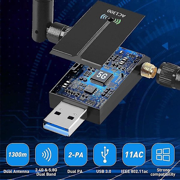1300 Mbps USB WiFi-adapter med lång räckvidd för PC, stationär dator, bärbar dator, dubbelbands 2,4 GHz 5