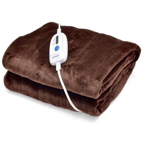 COSTWAY Varme tæppe 130x180cm 4 varmeniveauer Automatisk slukning 8H Fjernbetjening Timer i vaskbar flannel kaffe