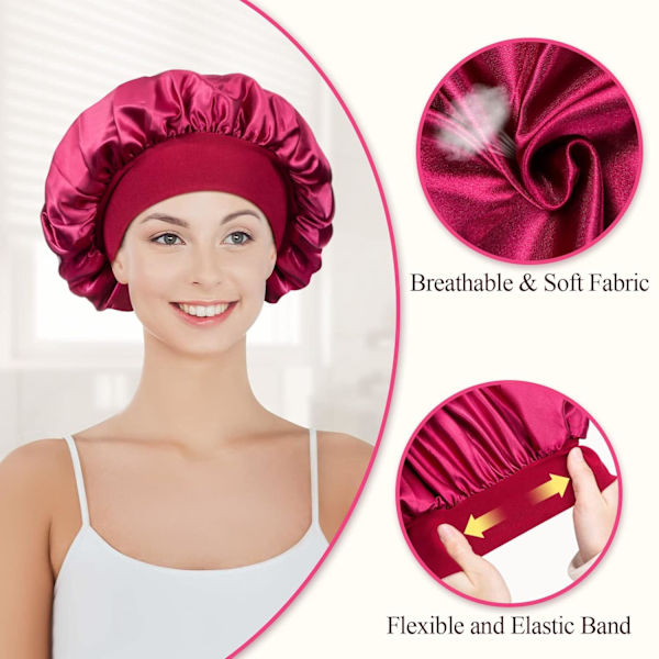 Satin Bonnet Nattmössa Justerbar Sovhatt Huvudbonad Mjuk Huvudbonad Silke Sov Bonnet med Elastisk(Svart, Röd)