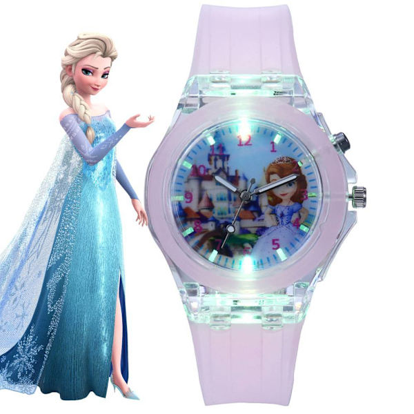 Flickor Barn Cartoon Klocka Frozen Quartz Klocka LED Flash #3