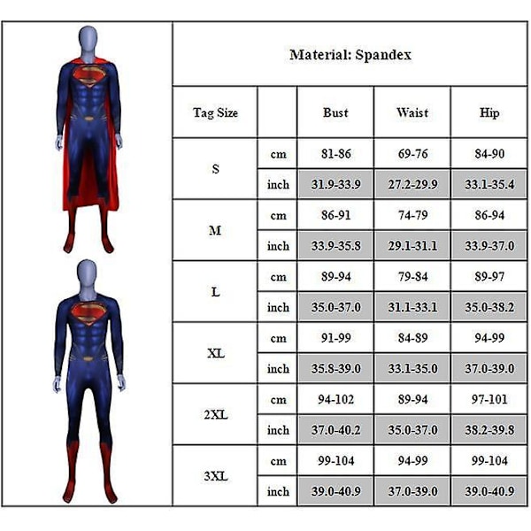 Halloween Superman Kostume til Mænd - Superhelt Cosplay Jumpsuit med Kappe til Voksne XL