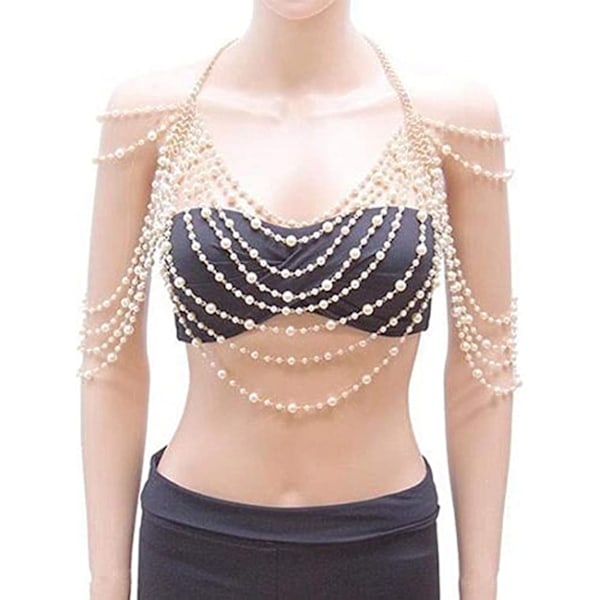 Sexy Body Chain Multilayer Pearl Back Waist Necklace Beach Bikini Fashion Backless Dress Strap Bridal Strap Jewelry (Gold)