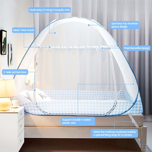 Fällbar myggnät för säng, bärbar myggnät med dubbla dörrar för resor med nätbotten, enkel att installera - Pop-up myggnätstält
