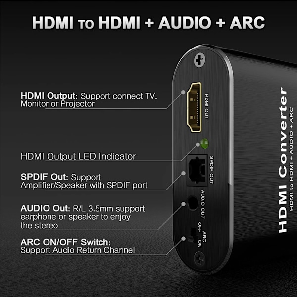 HDMI lyd-ekstraktor 4K 60Hz HDMI 2.0 lyd-ekstraktor ARC splitter 5.1 Ch HDMI til toslink lydkonverter