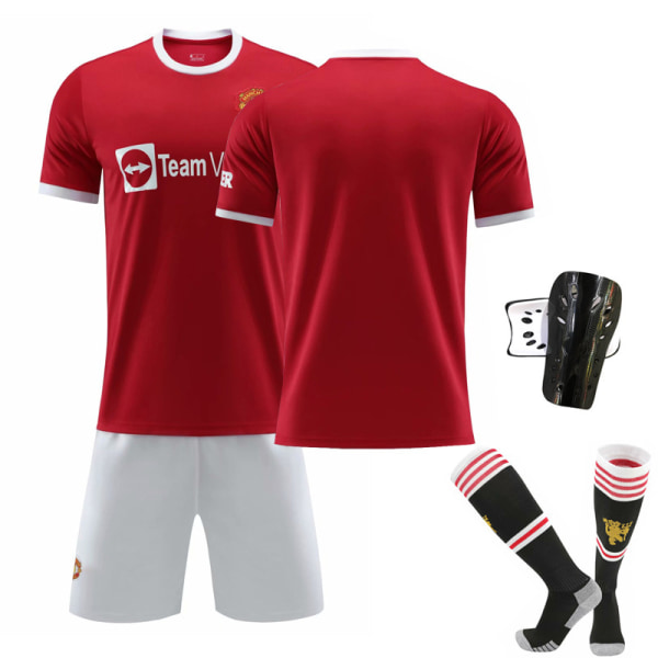 21-22 Nya Red Devils Hemma Nr. 7 Ronaldo Tröja Nr. 6 Pogba Fotbollströja Set Nr. 18 Stjärna med Originalstrumpor No.18 with socks + protective gear S#