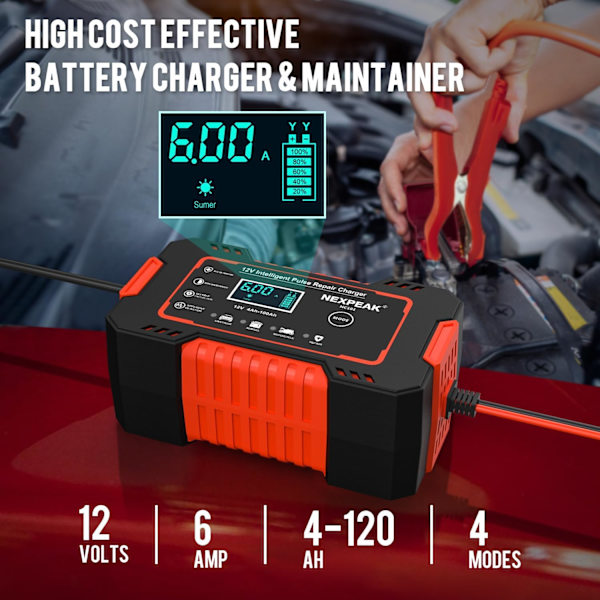 Bilbatterilader, 12V 6A Smart Batteri Trickle Lader Bil 12V Batteri