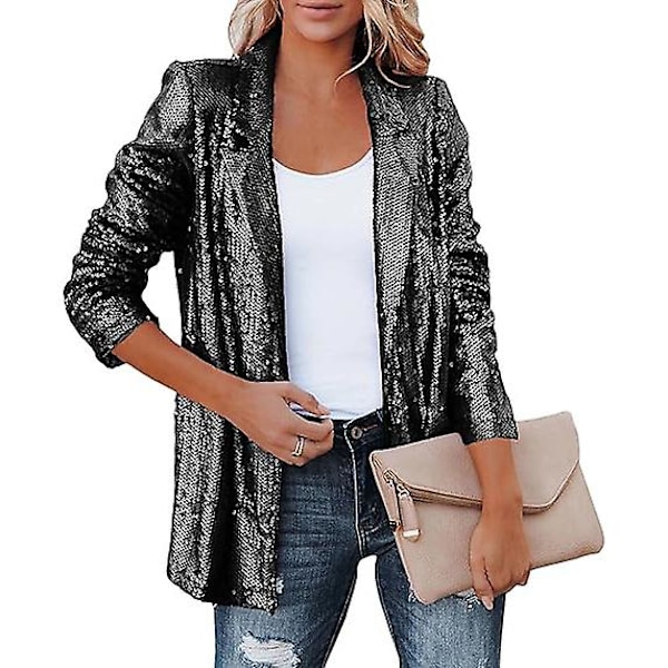 Kvinders Sequinjakke, Glitter Sparkle Casual Langærmet Blazer Frakke Black S