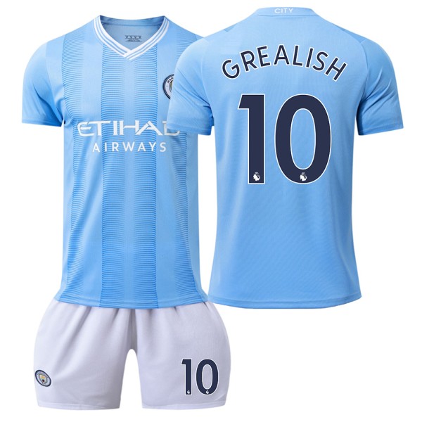 Manchester City hjemmefodboldtrøje 2023-24 nr. 9 Haaland 10 Grealish 17 De Bruyne første udgave No. 47 + socks protector S