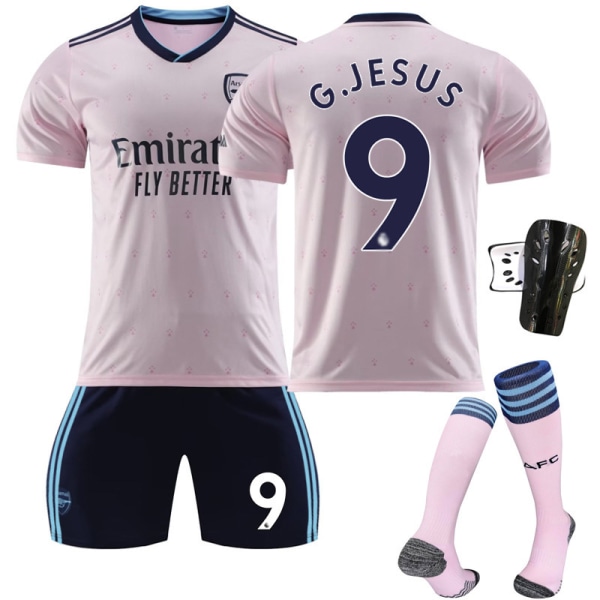 22-23 Arsenal andra bortatröja rosa nr 9 Jesus 7 Saka 8 Odegaard 19 Pepe fotbollströja Size 8 with socks #18