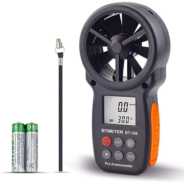 BT-100 Digital Anemometer LCD Vindhastighedsmåler Indikator Mål Temperatur Hastighed med Max/Min/AVG til Drone Surfing