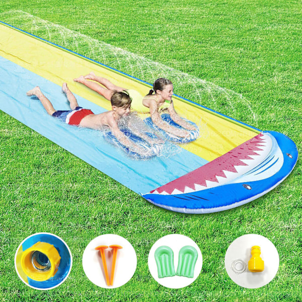 Oppustelig vandrutschebane med sprinkler: Børns sommer-vandleg, Heavy Duty Lawn Water Ski, 2 bodyboards, perfekt til udendørsfester! 140x480CM