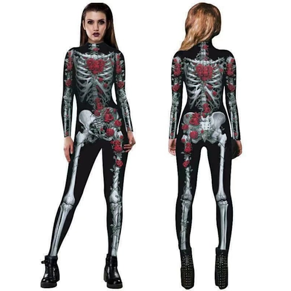 Dame Halloween Skelet Voksen Cosplay Kostume Festtøj Outfit Jumpsuit L