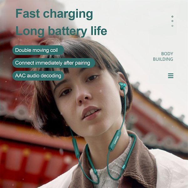 Lenovo SH1 langattomat nappikuulokkeet älykäs melunvaimennus Bluetooth5.0 urheilullinen dynaaminen niskapanta kuulokkeet kuntoiluun Green