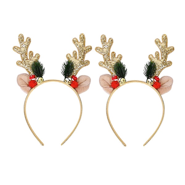 2pcs Christmas Headband Golden Reindeer Antler Headband With Bell Glitter Hair Bow Deer Antler Headwear For Women Hair Accessories Christmas Party Fa