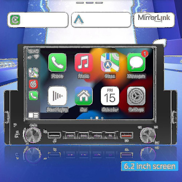 1din 6,2 tuuman näytöllä varustettu Carplay- ja Android Auto -autoradio, Bluetooth-MP5-soitin, 2 USB-porttia, FM-vastaanotin