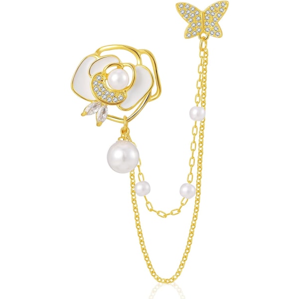 Golden Flower Pearl Brosch Pins för kvinnor Chain Butterfly Cameo