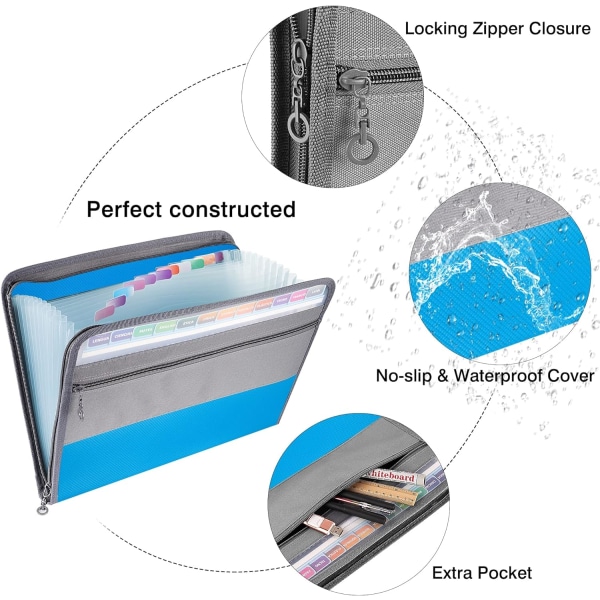 Mappesjern, 13 Lommer A4 Dokumentarkivering Trekkspillmappe Utvidbar Filorganisator med Glidelås, Bærbar Dokumentorganisator med Etiketter for Konto Blue Expanding Folder