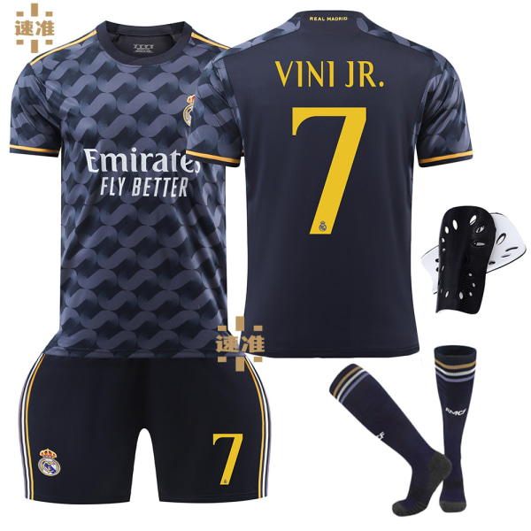 Real Madrid Bortefotballdrakt 23-24 Nr. 7 Vinicius 5 Bellingham 10 Modric barnesett No. 7 protective gear with socks XXL