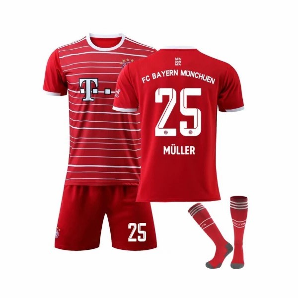 (Bayern München 22-23 Hemmatröja Muller Nr.25 Fotbollströja 3-delad Kit för Barn Vuxna L(175-180CM)