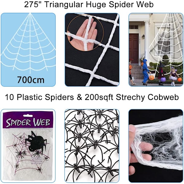 Halloween-edderkopp, 200 cm gigantisk edderkopp, Halloween-utendørsdekorasjon med 7 m trekantet nett, 20 g utvidbart edderkoppnett, 10 plast edderkopper, skrekk