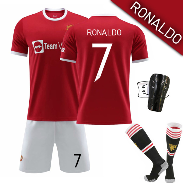 21-22 Champions League version av Red Devils hemma nr 7 Ronaldo tröja nr 6 Pogba nr 10 Rashford vuxen dräkt Size 7 with socks + protective gear L#