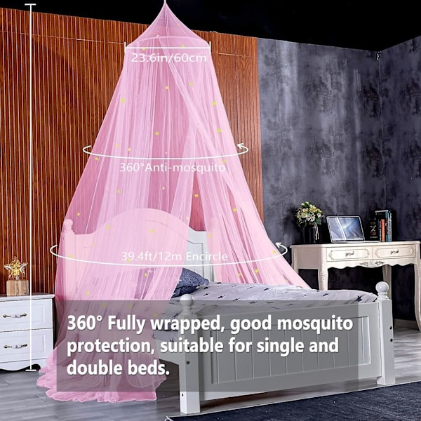 1 Set Dome Bed Baldakin Fällbar Glow-in-the-dark Polyester Stjärnor Prinsessa Baldakin Säng Rum Decor Hushållsartiklar Qinghai Rosa Pink L