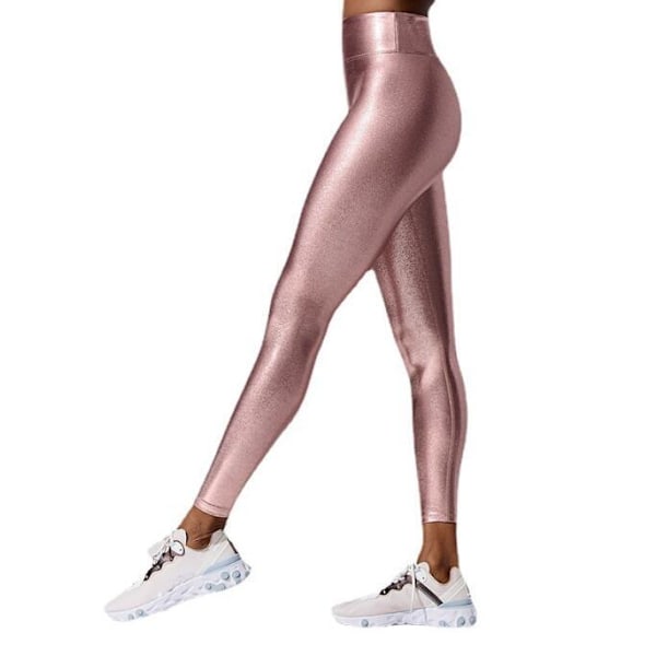 Metalliske leggings for kvinner med høy midje og skinnende bukse leggings rosa pink M