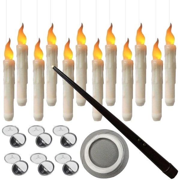 Levitating Candle with Wand Remote Control, 12-pack LED Flameless Flickering Tealights Battery Operated Harry Potter Floating Candles  White-WELLNGS
