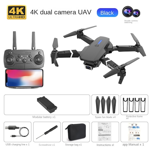 E88E525 Foldbar Drone Høydefinisjon Aerial Head Fast Høyde Quadcopter Fjernkontroll Fly Black 4K Dual Kamera Black 4K Dual Cam Black 4K Dual Camera Dual battery