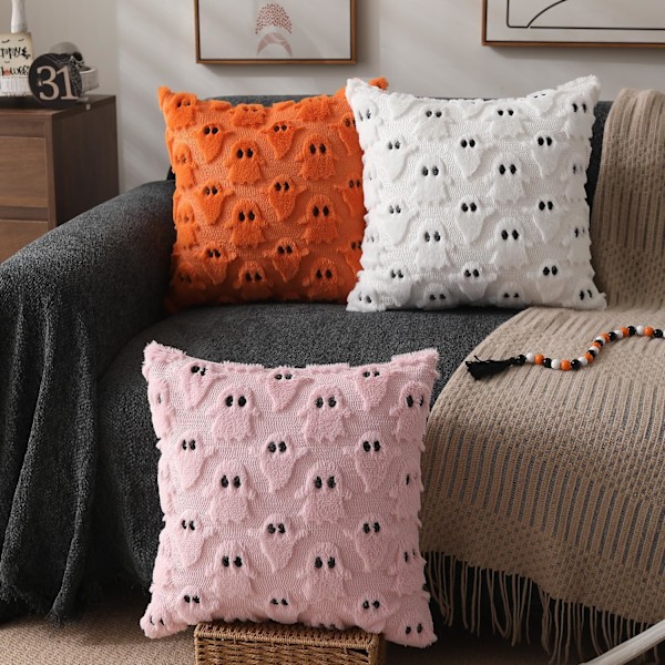 Halloween Putetrekk 18x18 tommer Sett med 2 Hvite Spøkelse Putesett Myk Pluss Faux Pels Ull Sofa Putetrekk for Stol Sofa Soverom Stue