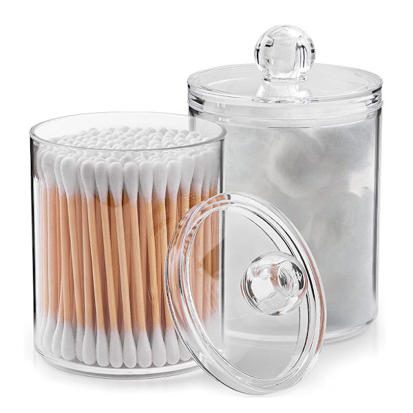 Plastik opbevaringskrukker med låg til vat, puder, vattoppe, makeup