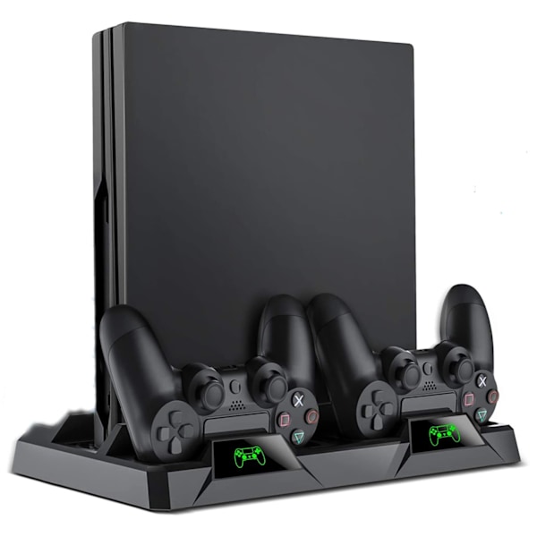 PS4 Vertikalställ, Allt-i-ett PS4 Vertikalställ Hållare Fläkt för Playstation 4 Pro/Slim, PS4 Controller Laddningsstation