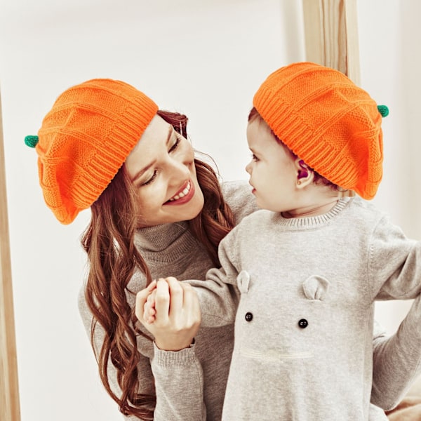 Familie-matchende gresskar-beret, mamma og meg Halloween-lue, strikket lue Child