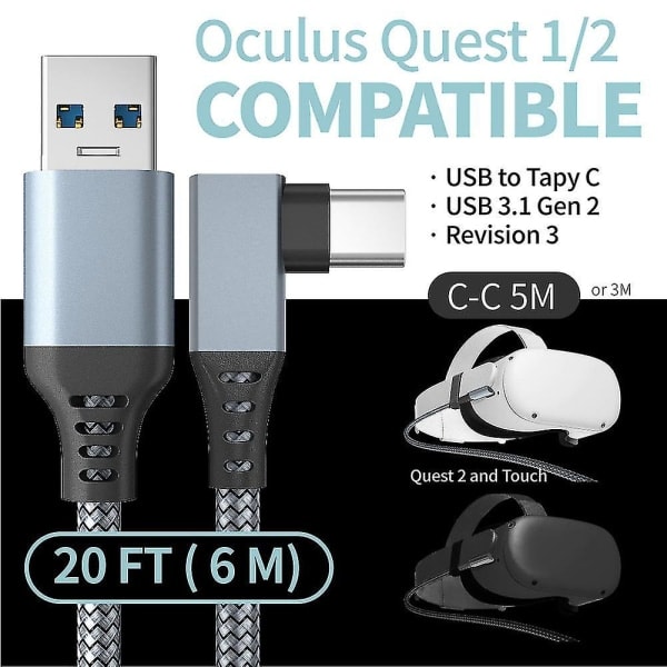 Link-kabel for Oculus Quest 2 - Rask lading og dataoverføring USB C 3.2 Gen1 5 Gbps PD-overføringsladekabel VR-headset Link-kabel grå Grey 3M